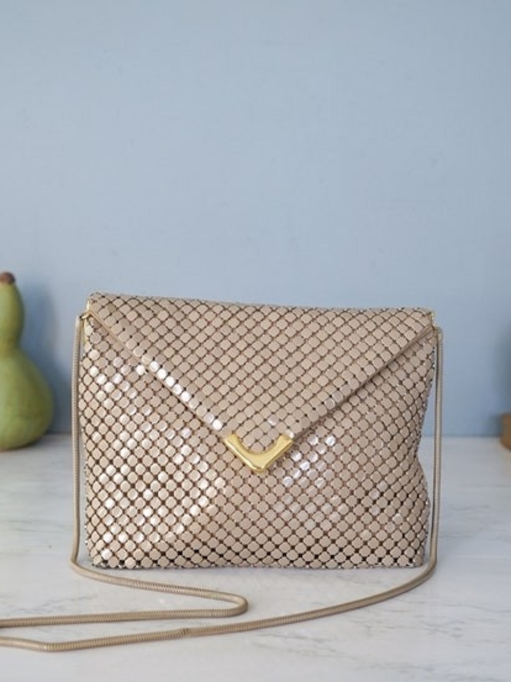 Beige Metallic Envelope Crossbody Bag with Gold Accent